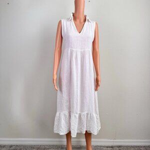 Viola Borghi Italy White Linen Midi/Maxi Dress S Lace Trim Collared Sleeveless